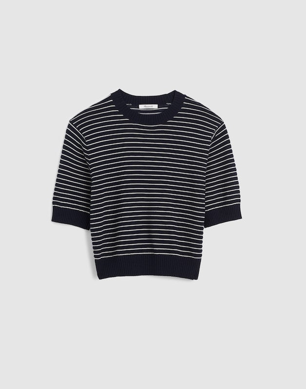 Textural-Stitch Crewneck Sweater in 100% Cotton NAVY AND IVORY MINI STRIPE
