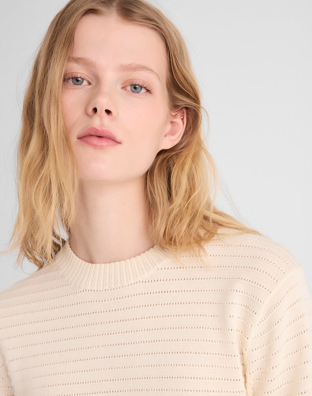 Textural-Stitch Crewneck Sweater in 100% Cotton VINTAGE IVORY