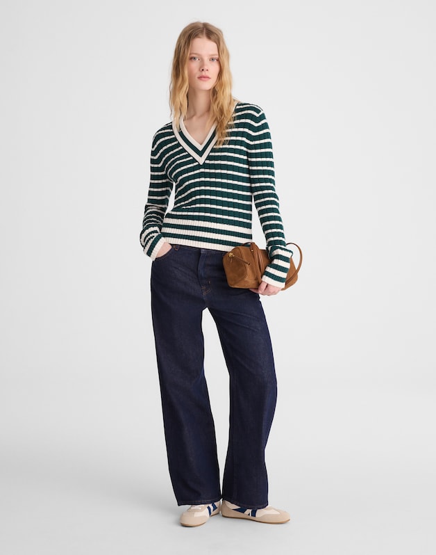 Striped Shrunken V-Neck Varsity Sweater SPRUCE AND IVORY STRIPE