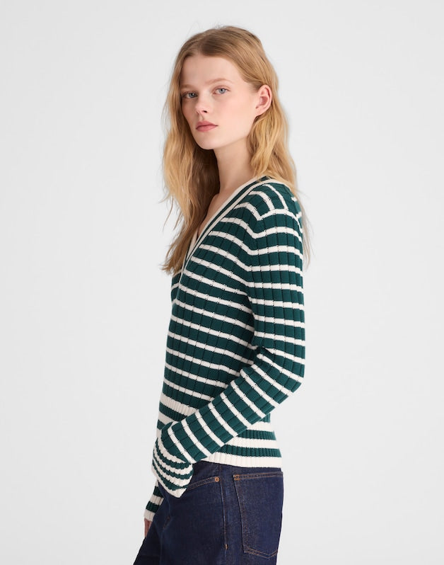 Striped Shrunken V-Neck Varsity Sweater SPRUCE AND IVORY STRIPE
