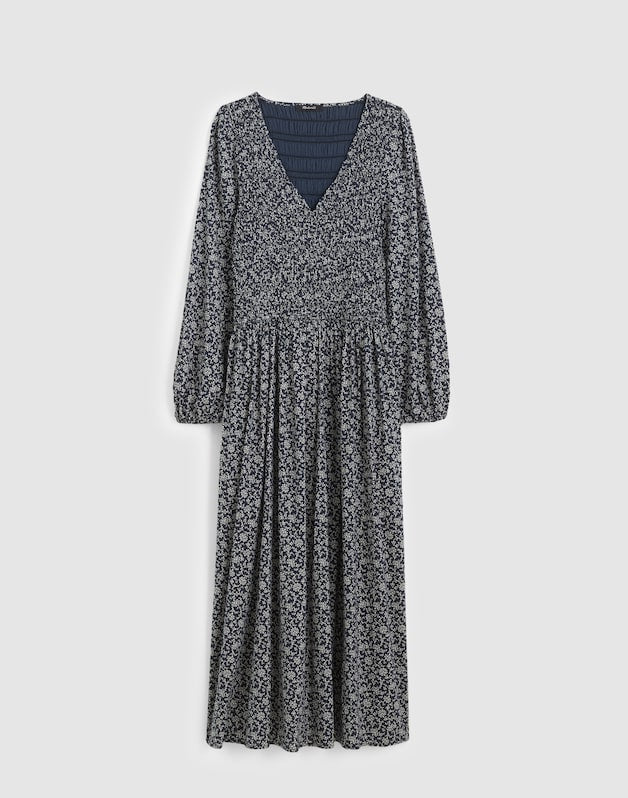 Smocked V-Neck Midi Dress CLASSIC NAVY