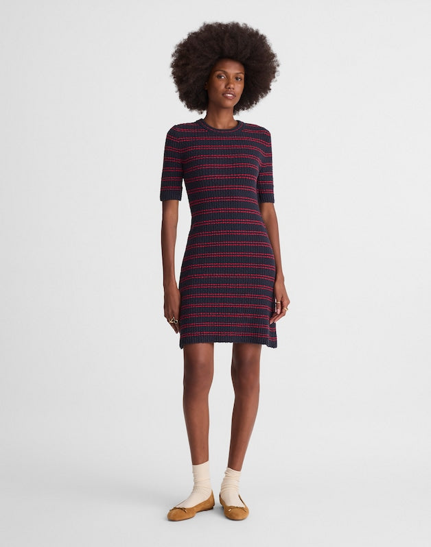 Ribbed A-Line Mini Dress NAVY AND RED MINI STRIPE