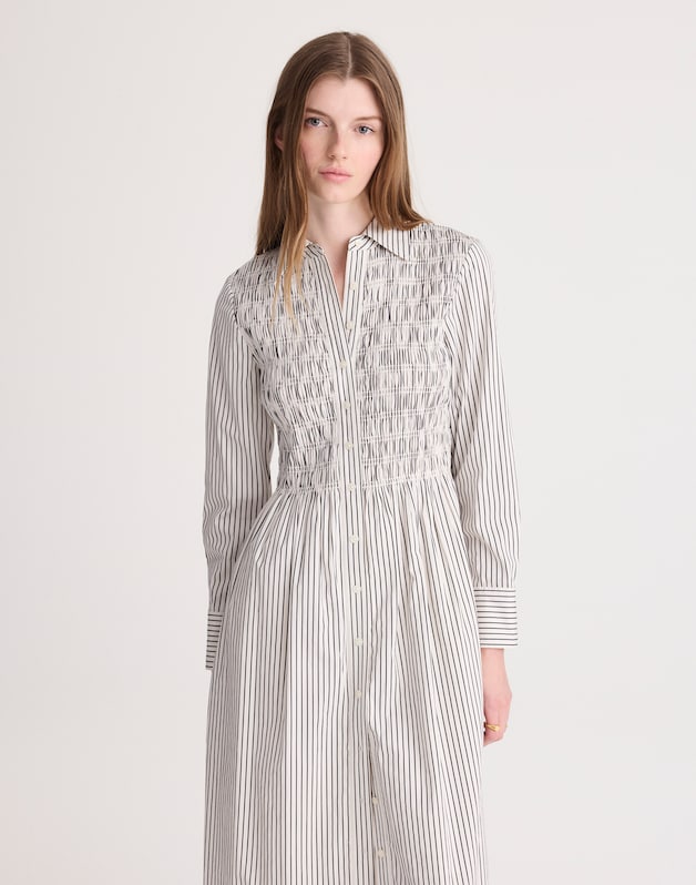 Smocked Midi Shirtdress in Poplin WHITE BLACK STRIPE