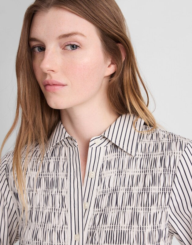 Smocked Midi Shirtdress in Poplin WHITE BLACK STRIPE