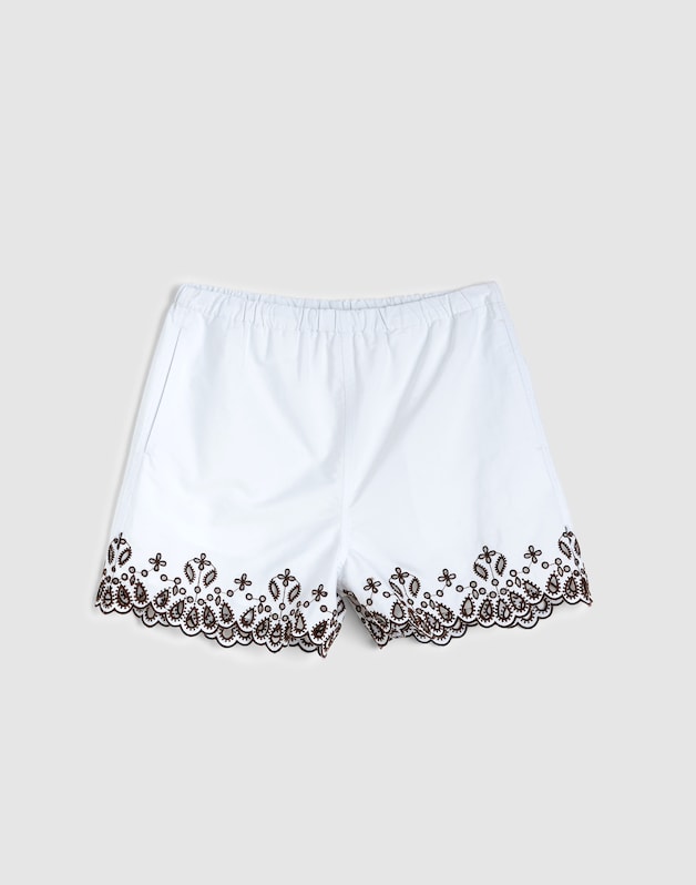 Embroidered Pull-On Shorts in Poplin WHITE