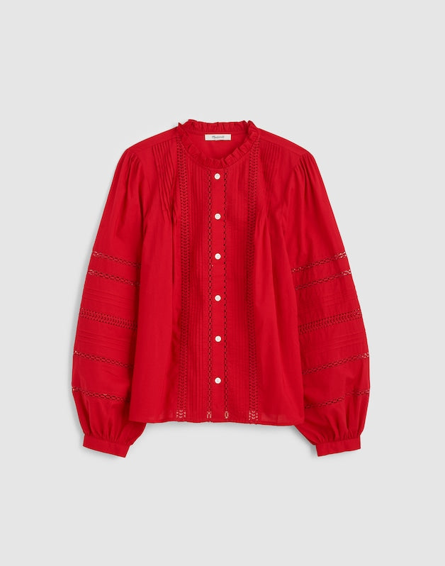 Lace-Insert High-Neck Pintuck Top CHERRY