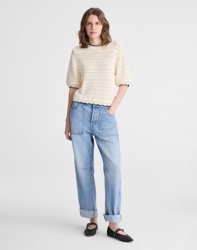 Textured Sweater Tee in 100% Cotton IVORY WITH BLACK TIPPING