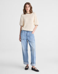 Textured Sweater Tee in 100% Cotton IVORY WITH BLACK TIPPING