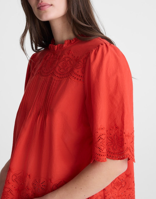 Embroidered Pintuck High-Neck Top WILD POPPY