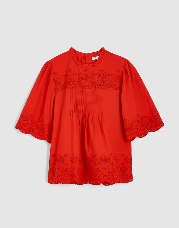 Embroidered Pintuck High-Neck Top WILD POPPY