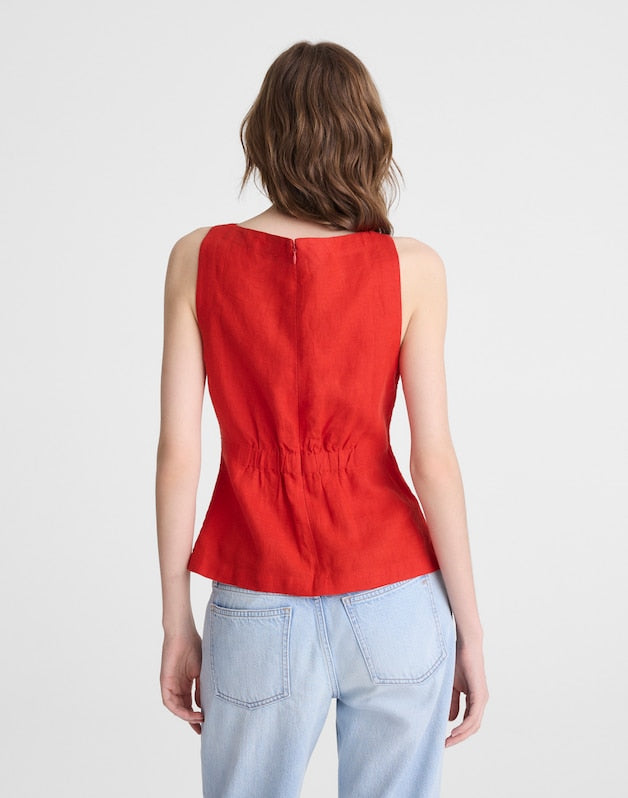 Cinched Boatneck Sleeveless Top in 100% Linen WILD POPPY