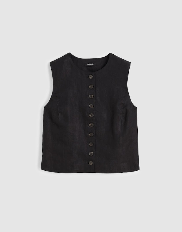 Button-Front Shell Top in 100% Linen JET BLACK