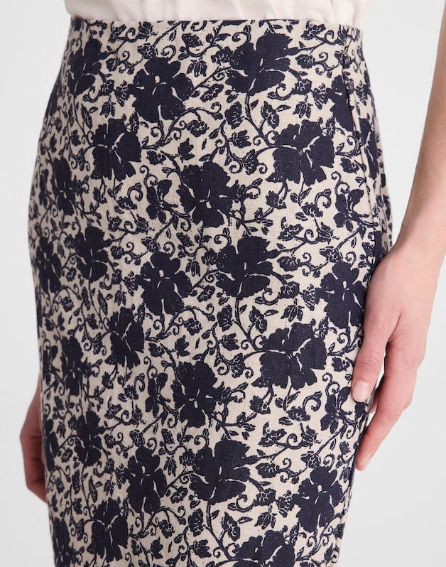 Pull-On Midi Skirt in Floral-Print Linen OAT