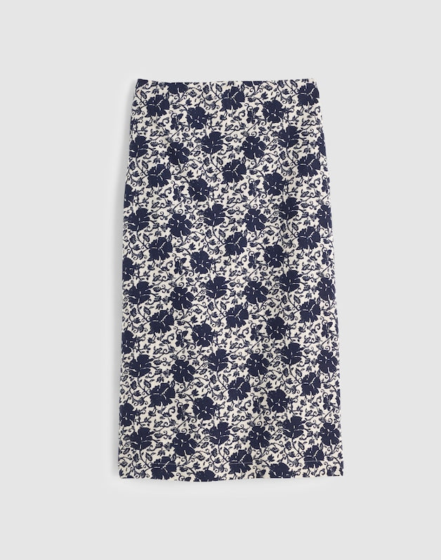 Pull-On Midi Skirt in Floral-Print Linen OAT