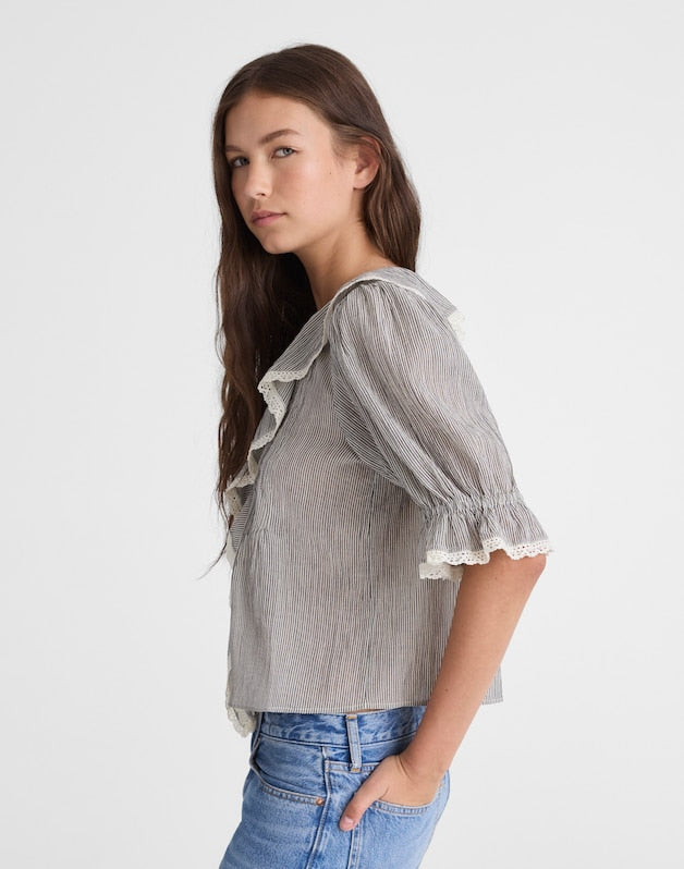 The Blaire Top BLACK AND IVORY MICRO STRIPE