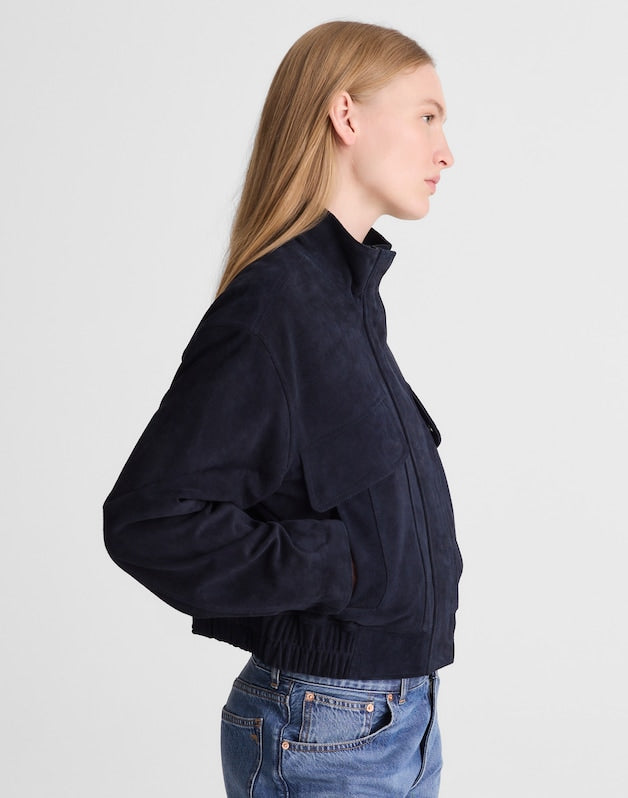 Funnel-Neck Utility Jacket in Suede CLASSIC NAVY
