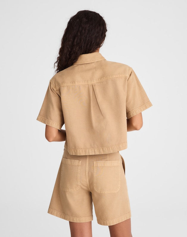 Boxy Crop Button-Up Shirt in Airy Denim FAWN