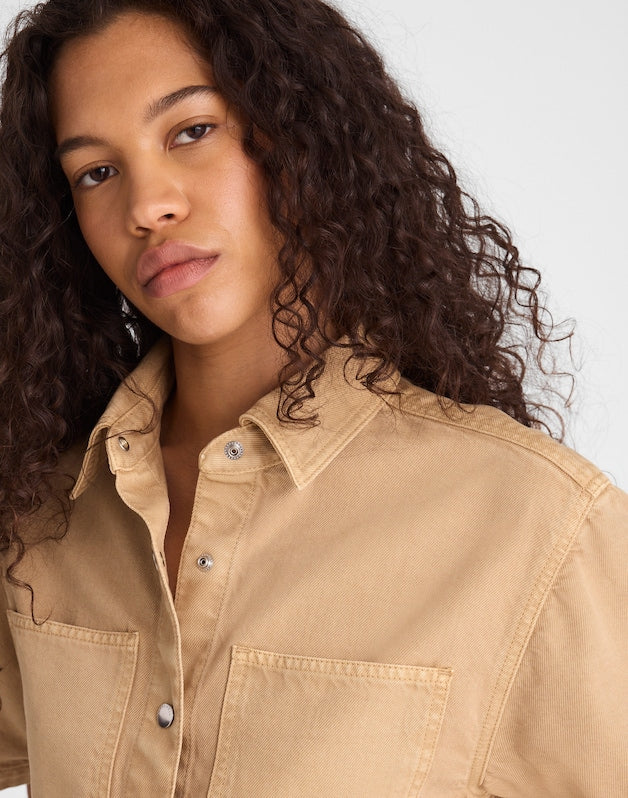 Boxy Crop Button-Up Shirt in Airy Denim FAWN