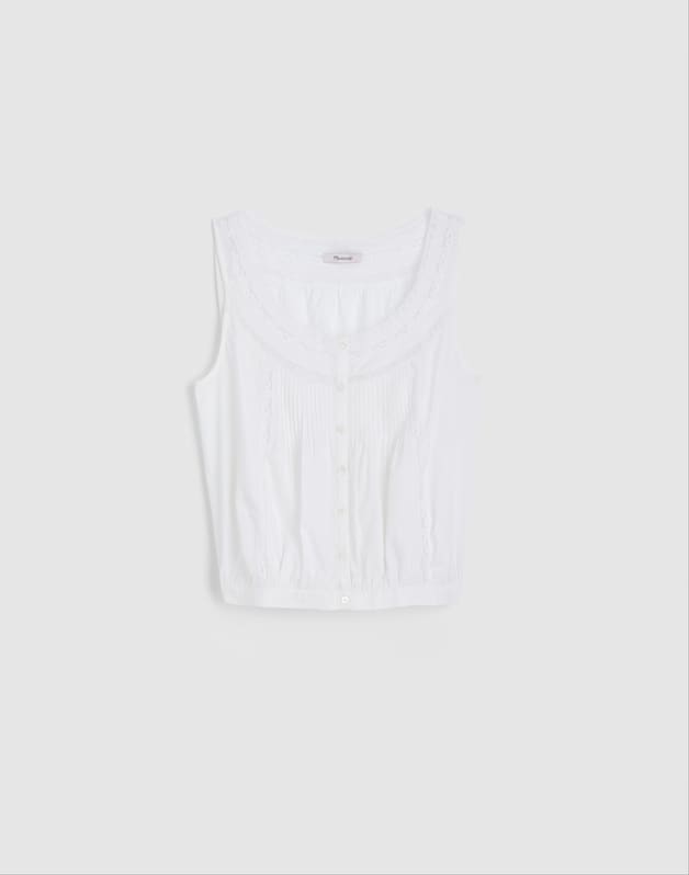 Lace-Insert Pintuck Sleeveless Top WHITE