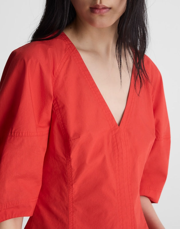 Sculptural V-Neck Top in Poplin WILD POPPY