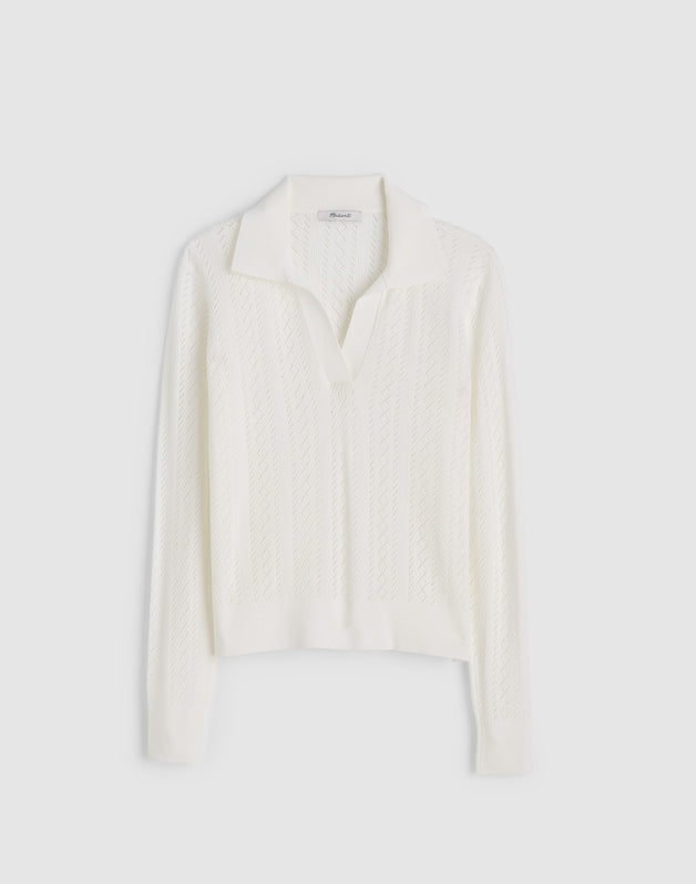 Pointelle-Stitch Polo Sweater WHITE