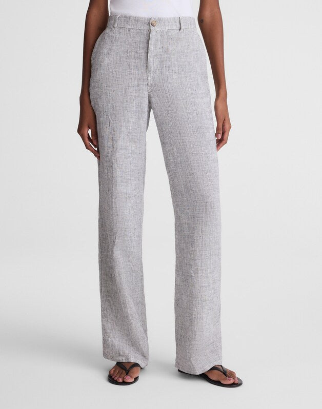 The Zoe Relaxed Straight Pant in 100% Linen BLACK WHITE MINI STRIPE