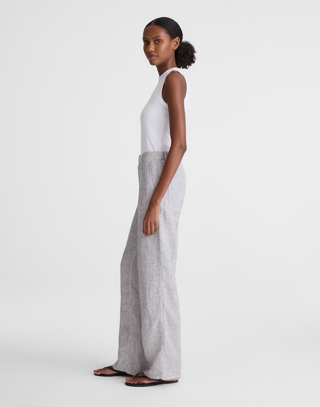The Tall Zoe Relaxed Straight Pant in 100% Linen BLACK WHITE MINI STRIPE