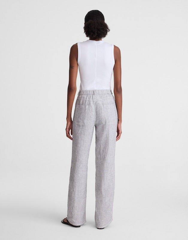 The Zoe Relaxed Straight Pant in 100% Linen BLACK WHITE MINI STRIPE