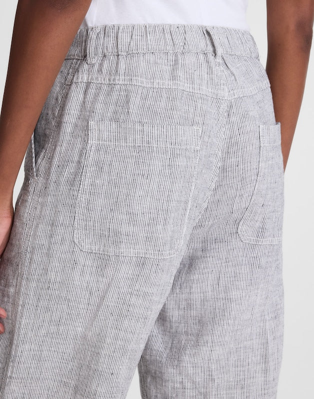 The Tall Zoe Relaxed Straight Pant in 100% Linen BLACK WHITE MINI STRIPE