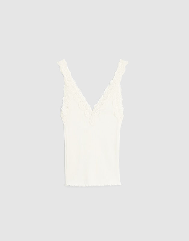 Lace-Trim Ribbed V-Neck Tank WINTER WHITE