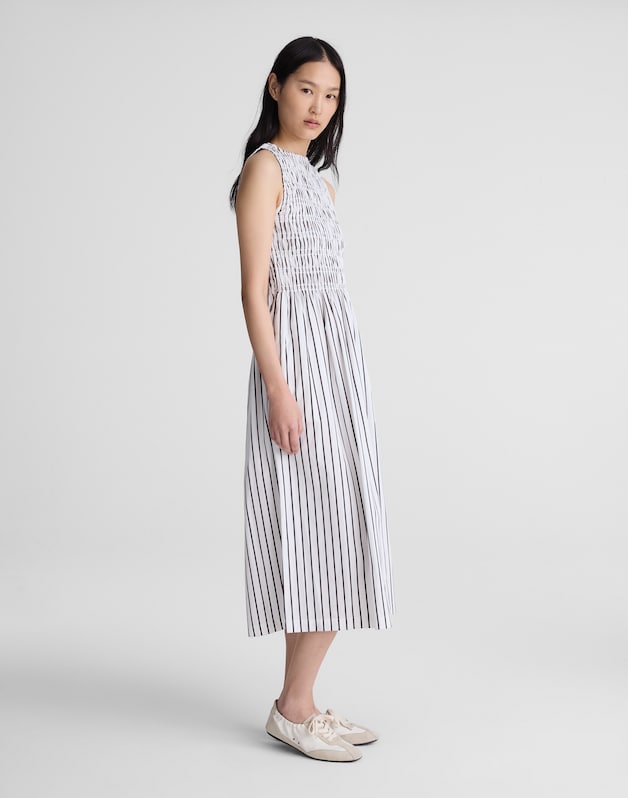Boatneck Smocked Midi Dress WHITE