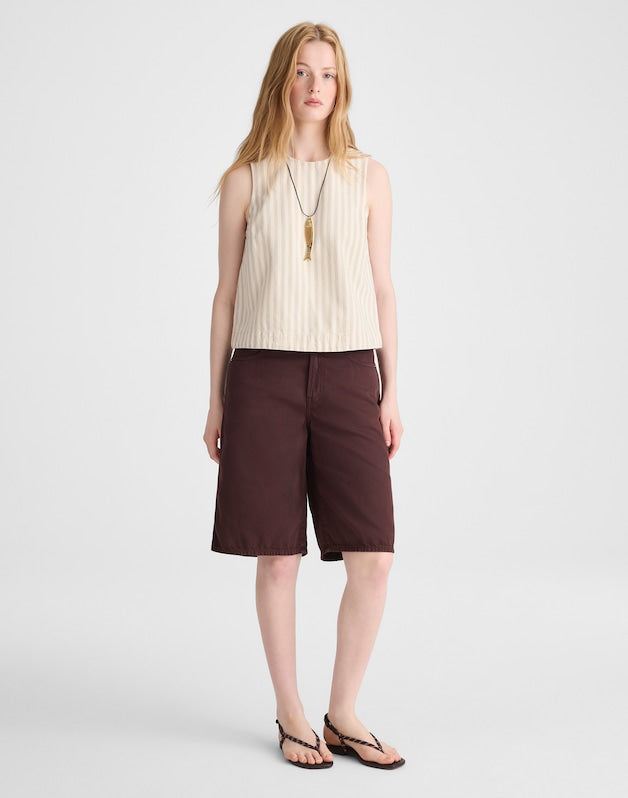Denim Boxy Shell Top KHAKI SAND STRIPE