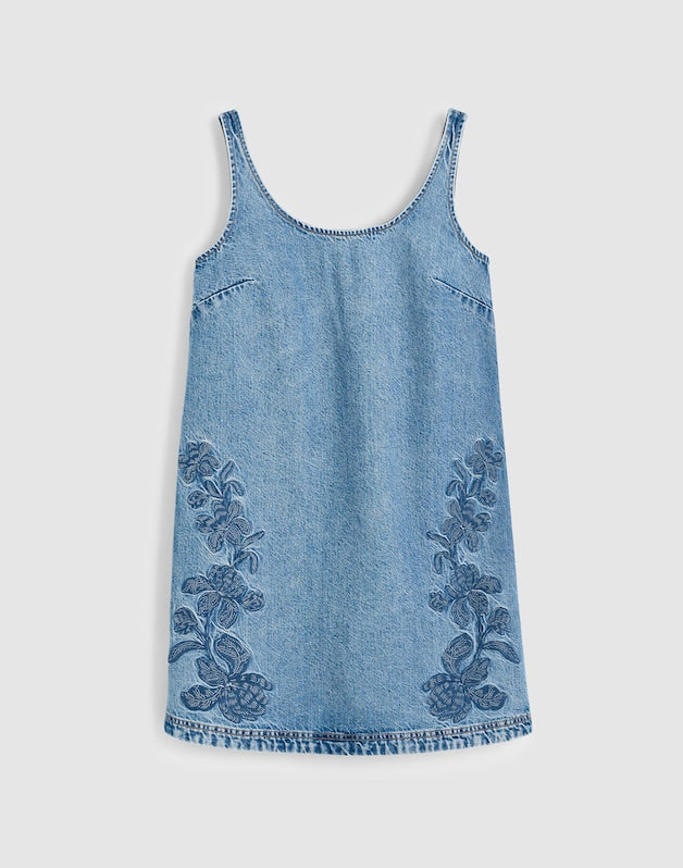 Denim Embroidered Mini Dress WORN MID INDIGO