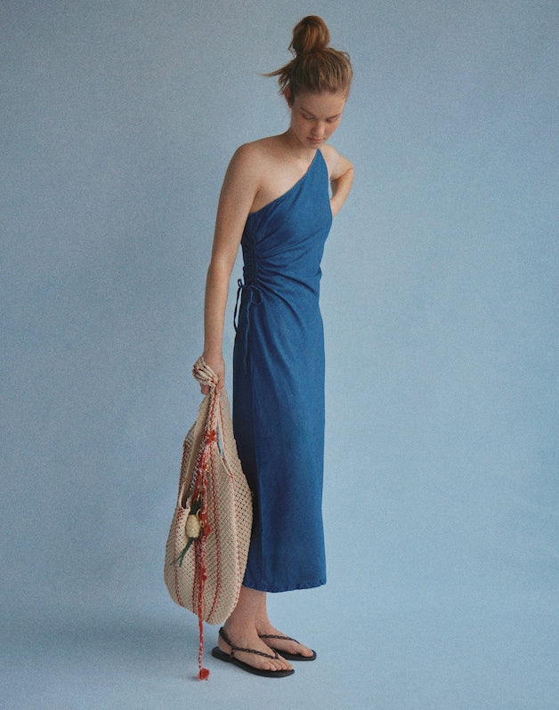 Denim One-Shoulder Maxi Dress MARINA BLUE