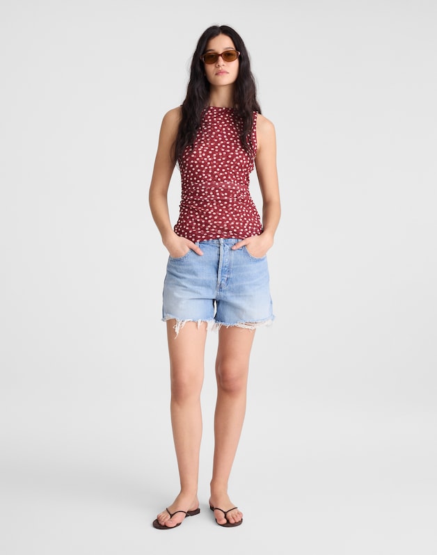 Cinched Double-Layered Mesh Top RED CURRANT
