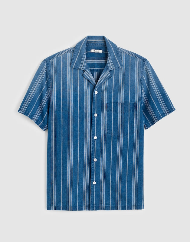 The Short-Sleeve Camp Shirt in Indigo Linen-Cotton Blend NEAL STRIPE