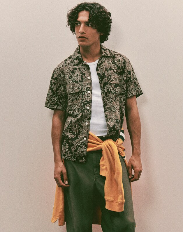 Short-Sleeve Camp Shirt in Archive Linen Blend FLORAL STIPPLED TOILE PRINT