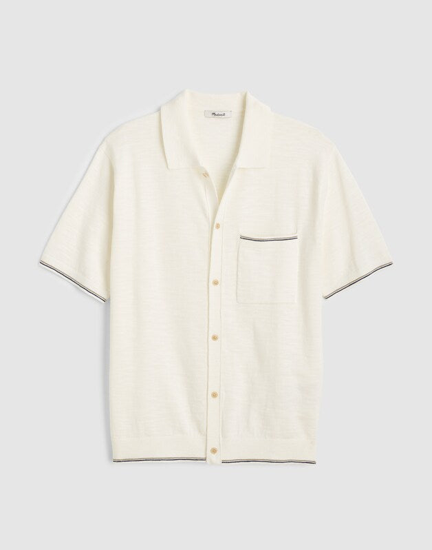 Tipped Knit Button-Up Shirt in Slub Knit Cotton NATURAL