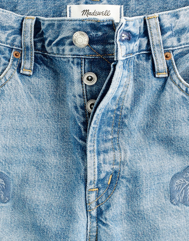 Embroidered Low-Slung Baggy Crop Jeans WORN MID INDIGO