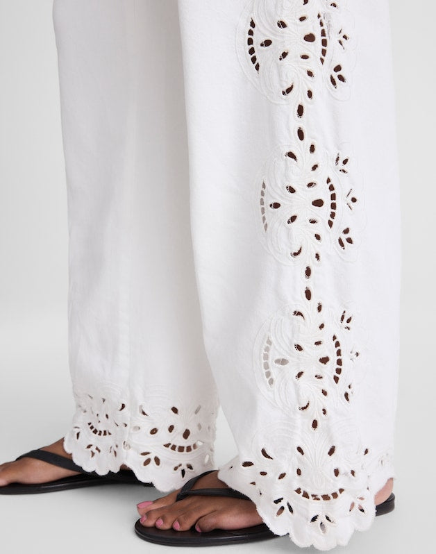 Embroidered Denim Pull-On Pants TILE WHITE