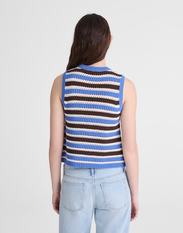 Open-Stitch Sweater Tank in 100% Cotton RETRO BLUE AND BROWN STRIPE