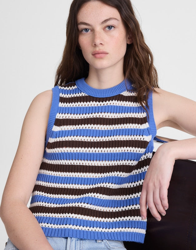 Open-Stitch Sweater Tank in 100% Cotton RETRO BLUE AND BROWN STRIPE