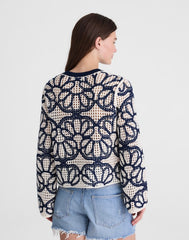 Floral-Embroidered Open-Stitch Sweater NAVY FLORAL EMBROIDERY