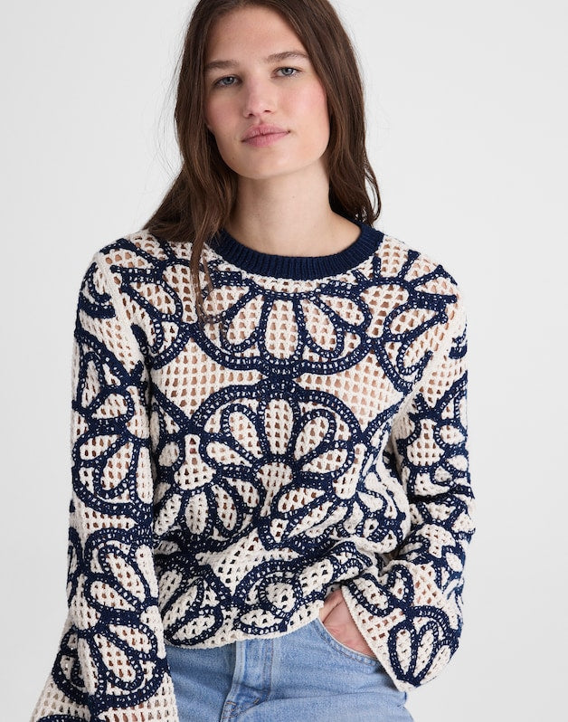 Floral-Embroidered Open-Stitch Sweater NAVY FLORAL EMBROIDERY