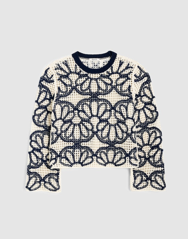 Floral-Embroidered Open-Stitch Sweater NAVY FLORAL EMBROIDERY