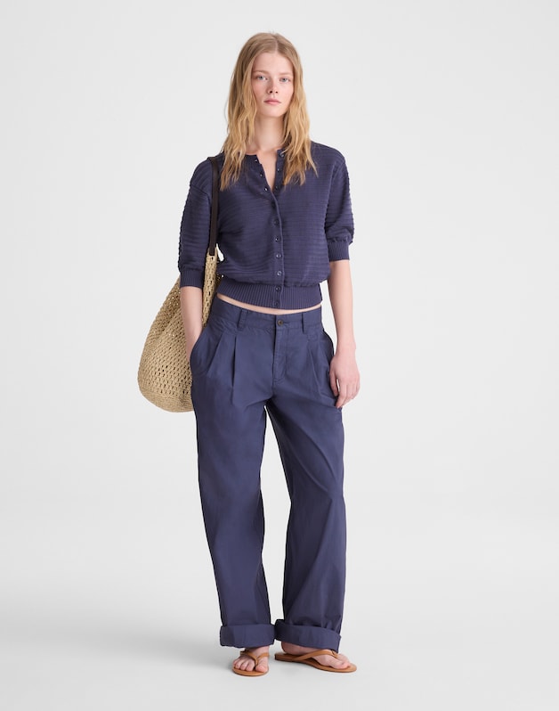 Textured Short-Sleeve Cardigan in 100% Cotton PETROL NAVY
