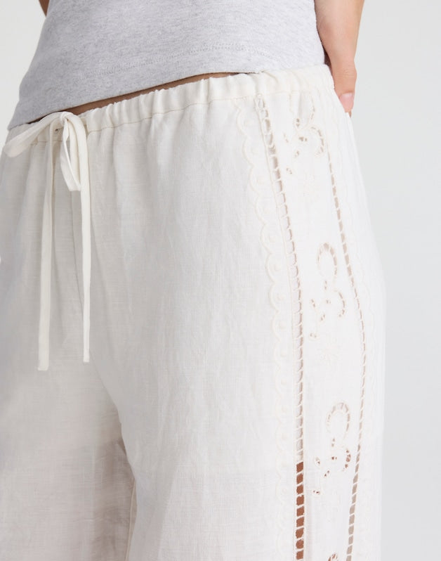 Eyelet Drawstring Pants in 100% Linen IVORY LINEN