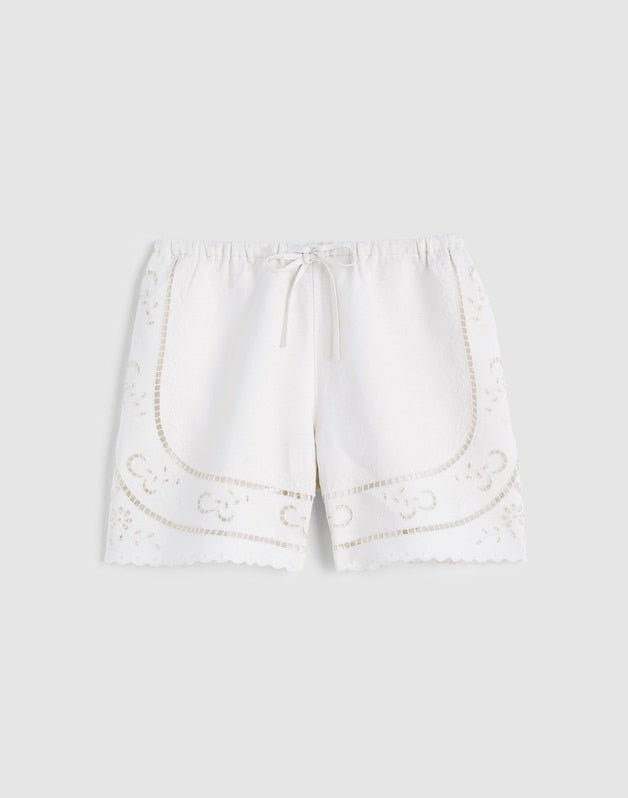 Eyelet Drawstring Shorts in 100% Linen IVORY LINEN