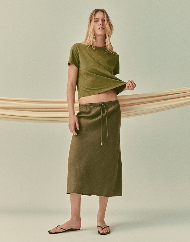 Drawstring Slip Skirt in 100% Linen FADED IVY