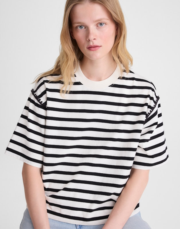 The Boxy Crop Tee in Allday Jersey BLACK TO WHITE STRIPE